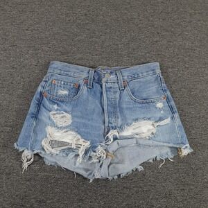 Levi's 501 Shorts Womens 25 Blue Denim High Rise Button Fly Distressed Cutoff